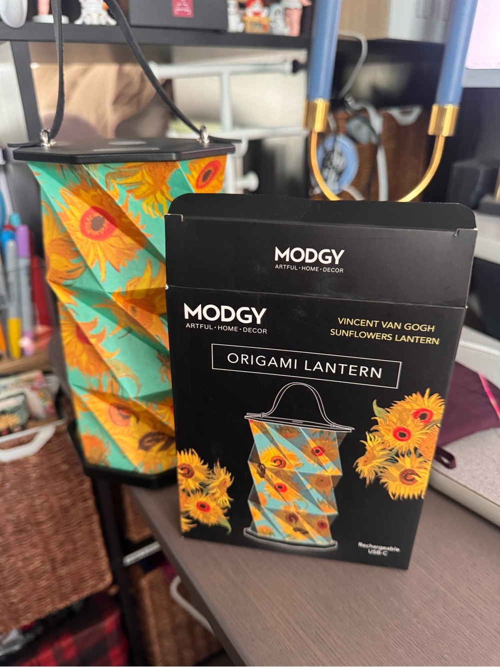 Modgy Vincent Van Gogh Sunflowers Origami Lantern - Teal & Yellow